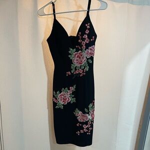 Entry Black Mini Dress with Pink Floral Embroidery